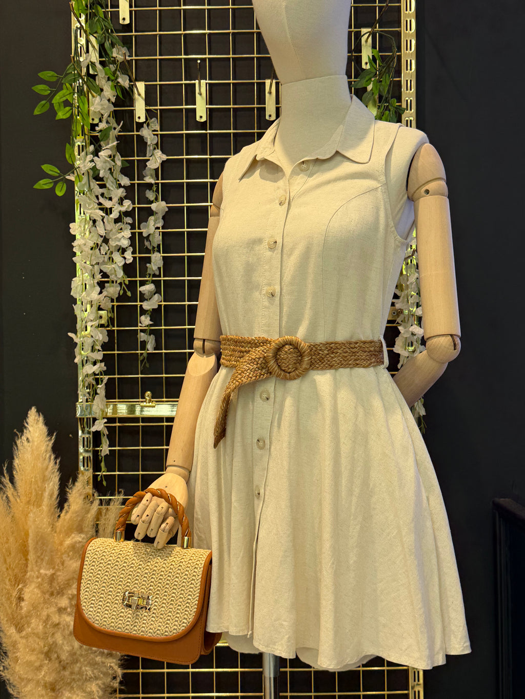 Hasır Kemerli Mini Elbise – Krem