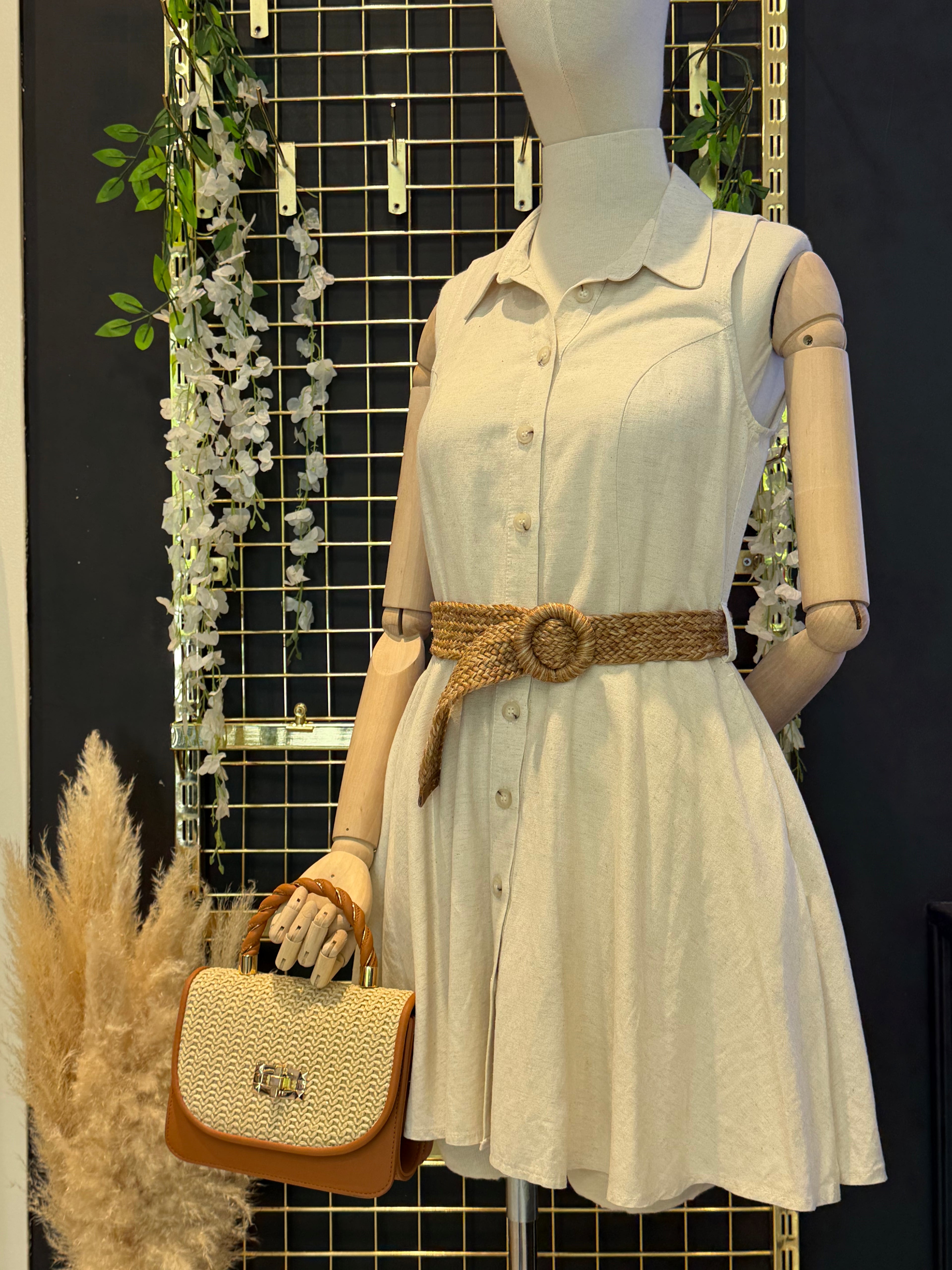 Hasır Kemerli Mini Elbise – Krem